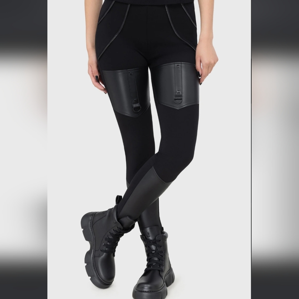 Killstar Black Leggings with Faux Leather Accents